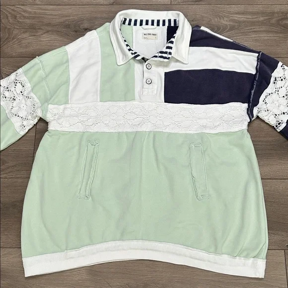 We The Free American Dream Polo Long Sleeve Sweatshirt Colorblock Green Blue S - Picture 4 of 15